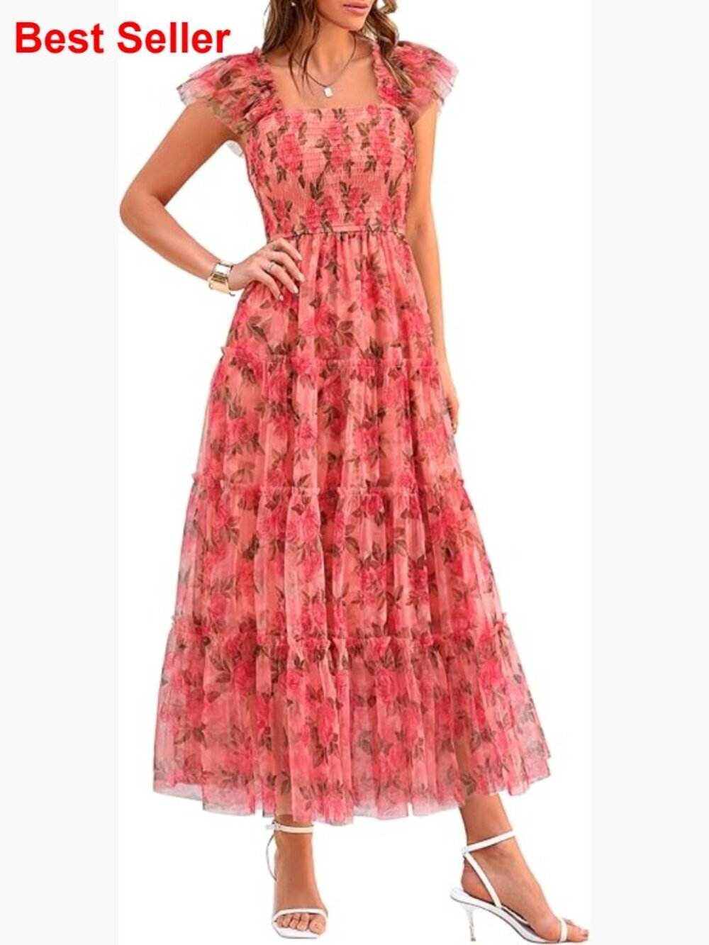 Tulle Midi Dress Sleeveless Smocked Ruffle Flowy Mesh Party Wedding Guest